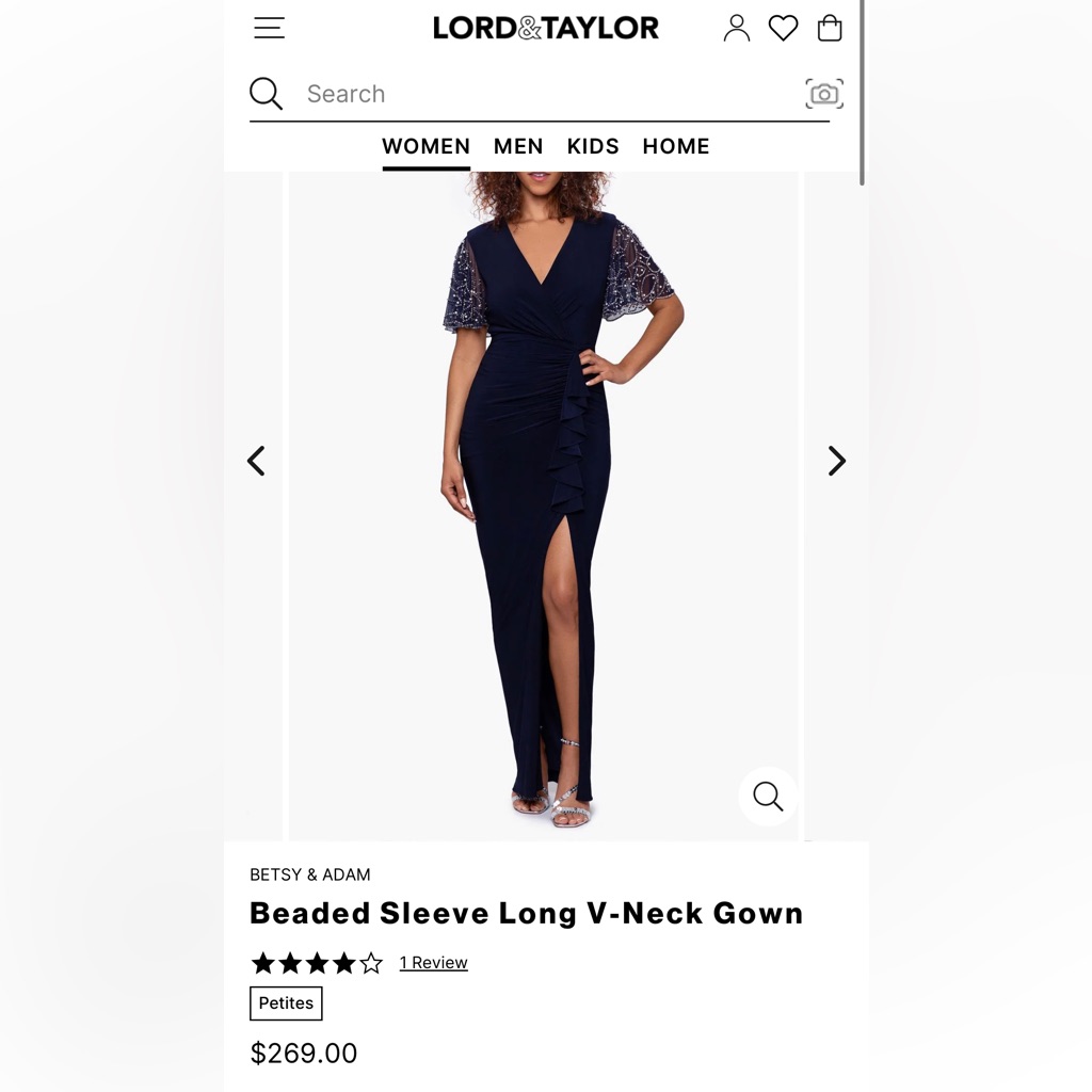 Beaty & Adam Navy Beaded Sleeve V-Neck Gown